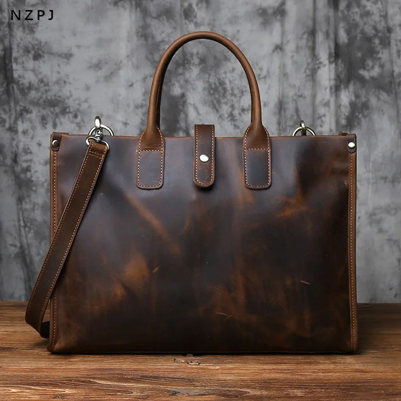 Nzpj Vintage Echt leder Herren Aktentasche natürliche Rindsleder Handtasche verrückte Pferd Leder Computer tasche lässige Umhängetasche – Detail 5