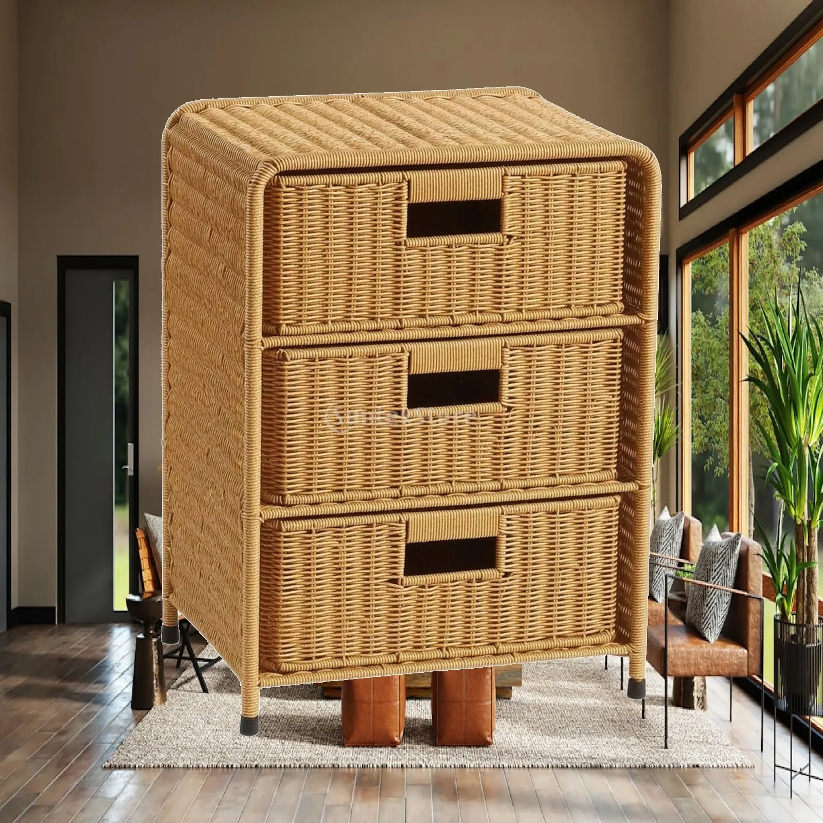 Rattan Bedside Cabinet Smooth-Gliding Nightstand with 3 Drawers Three-Drawer Nightstand Compact Furniture Space-Saving