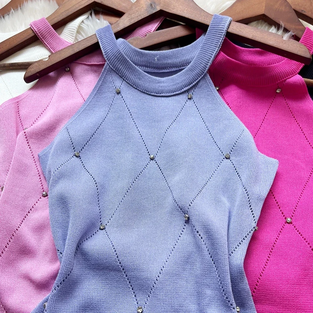 Summer New Hot Sexy Package Hips Knitted Dress Women Fashion Y2K Diamonds Bodycon Dress Streetwear Lady Outfits