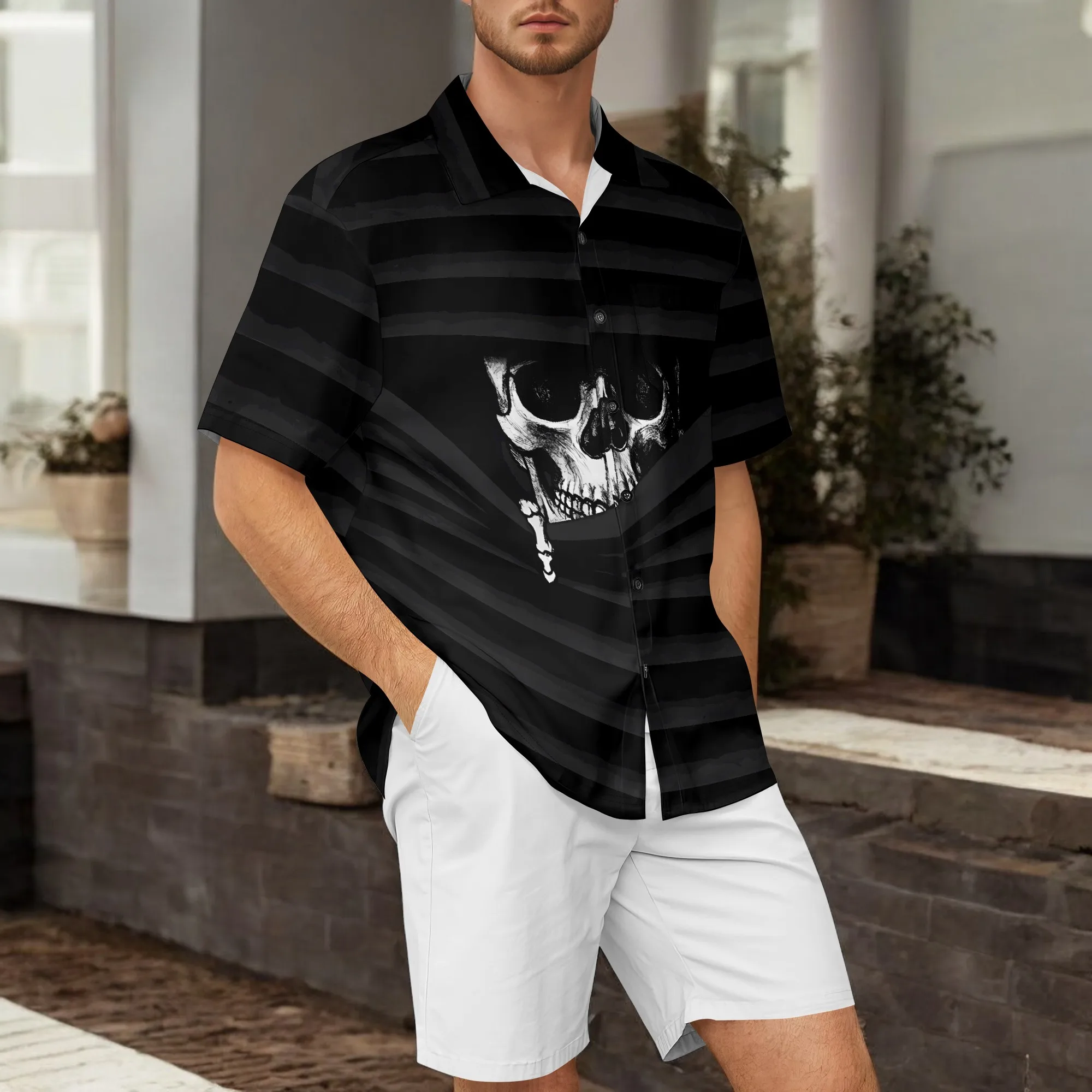 

YEAE черная полосатая рубашка с принтом черепа для мужчин, летний повседневный топ с короткими рукавами