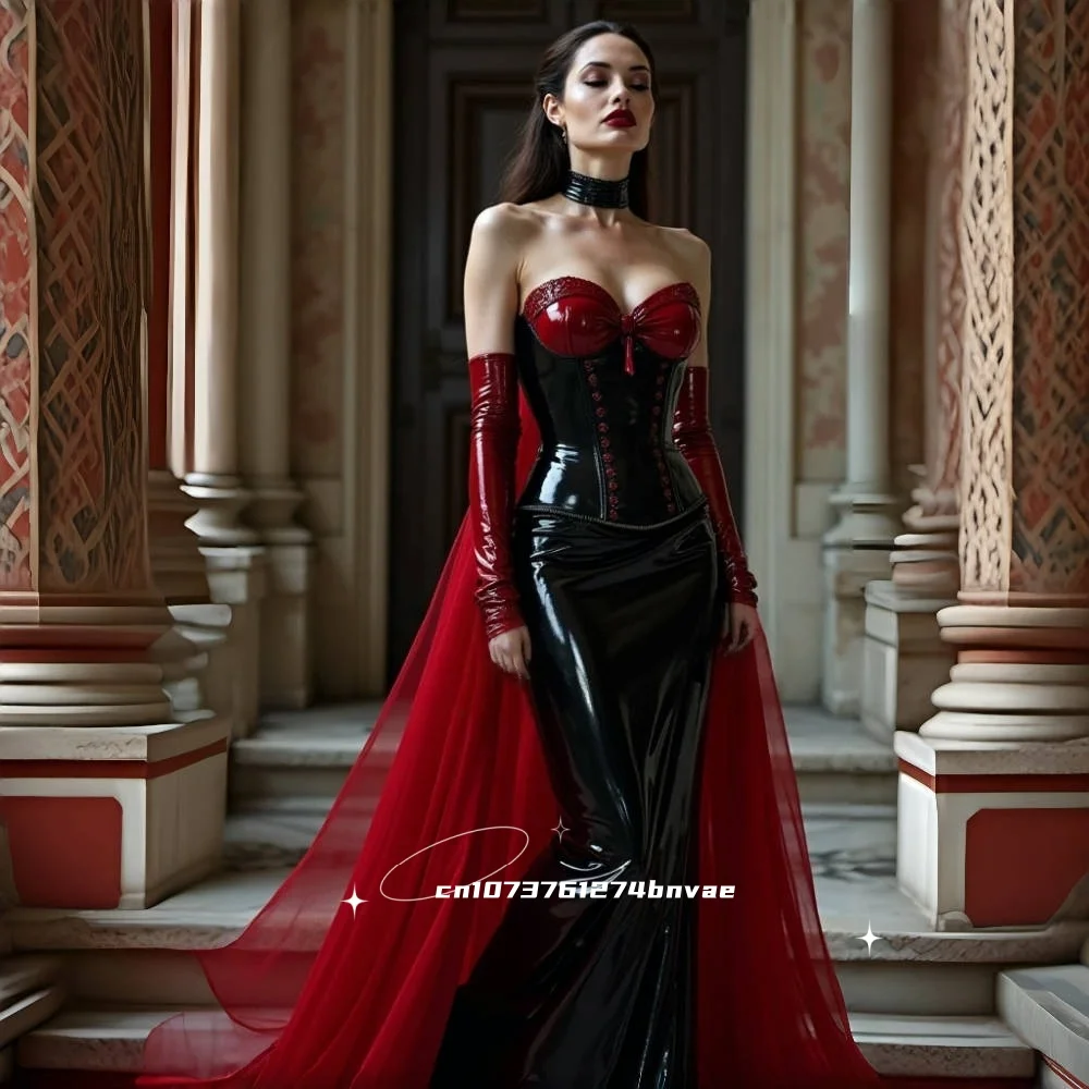 Customized Burgundy And Black Prom Dress With Detachable Train Corset Mermaid Evening Gown PU Leather Special Occasion Wear