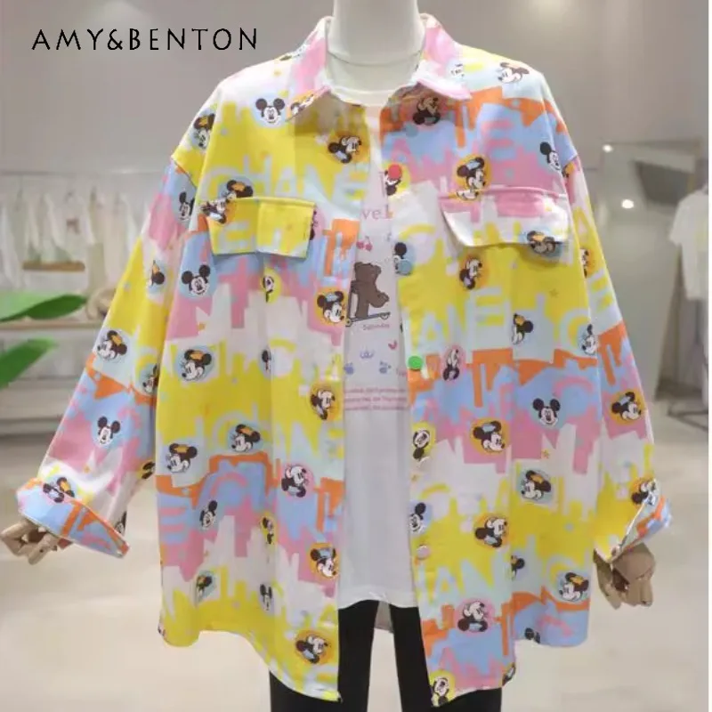 

Fashion Age-reducing Design Sense Cartoon Sweet Blusas Spring Loose Medium And Long Cotton Denim Shirt Jacket Women's Y2k Blouse