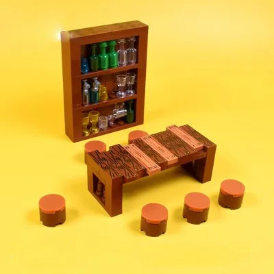 MOC City Series Furniture Kitchen Wine Cabinets Bar Counter Table Building Blocks Table Chair Assemble Brick Educational Kid Toy