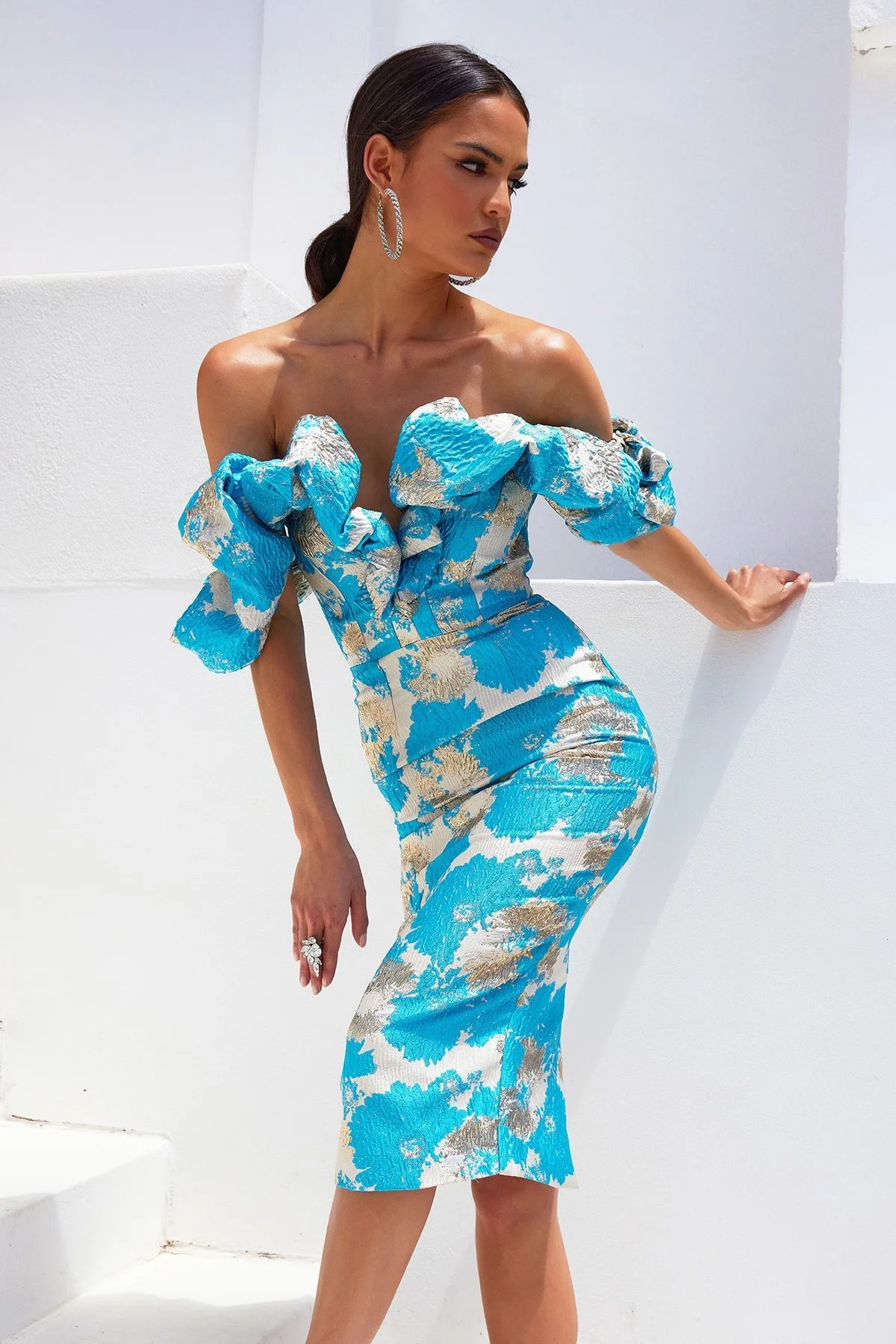 Dead tiger 2022 new fashion sexy women V-neck off shoulder bare arm MIDI split dress Yaka Fashion Party Club