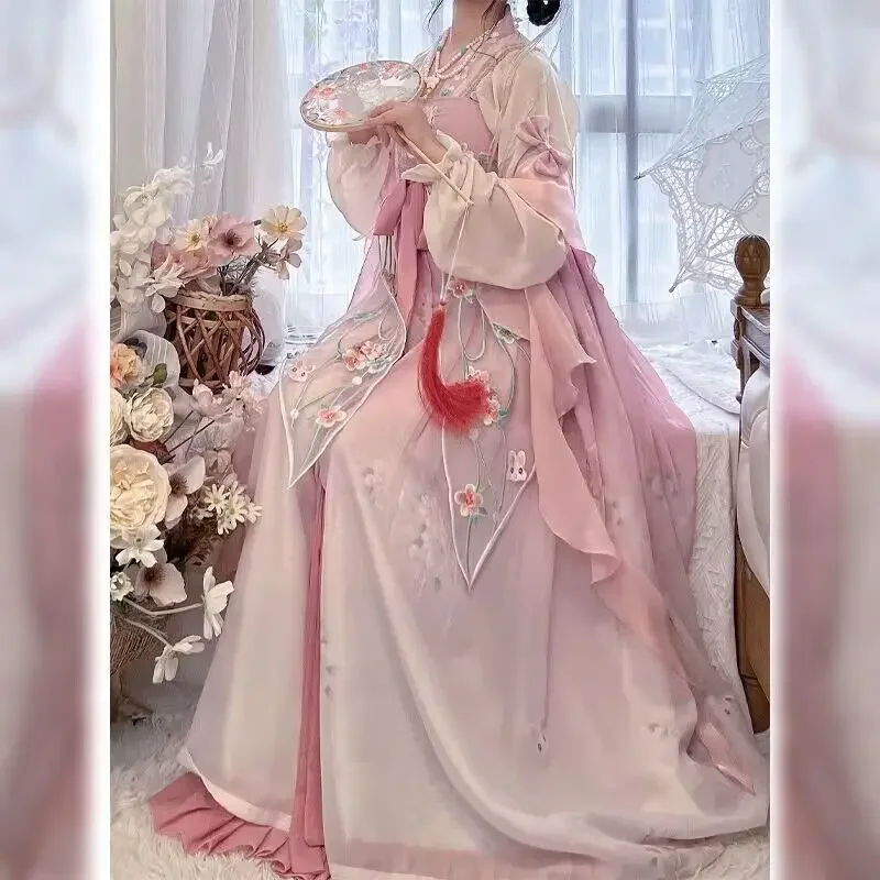 Hanfu ชุดคอสเพลย์เจ้าหญิงเจ้าหญิงชุดโบราณจีนโบราณชุดสีชมพู2023ฤดูร้อนชุดเดรสเต้นรำใหม่