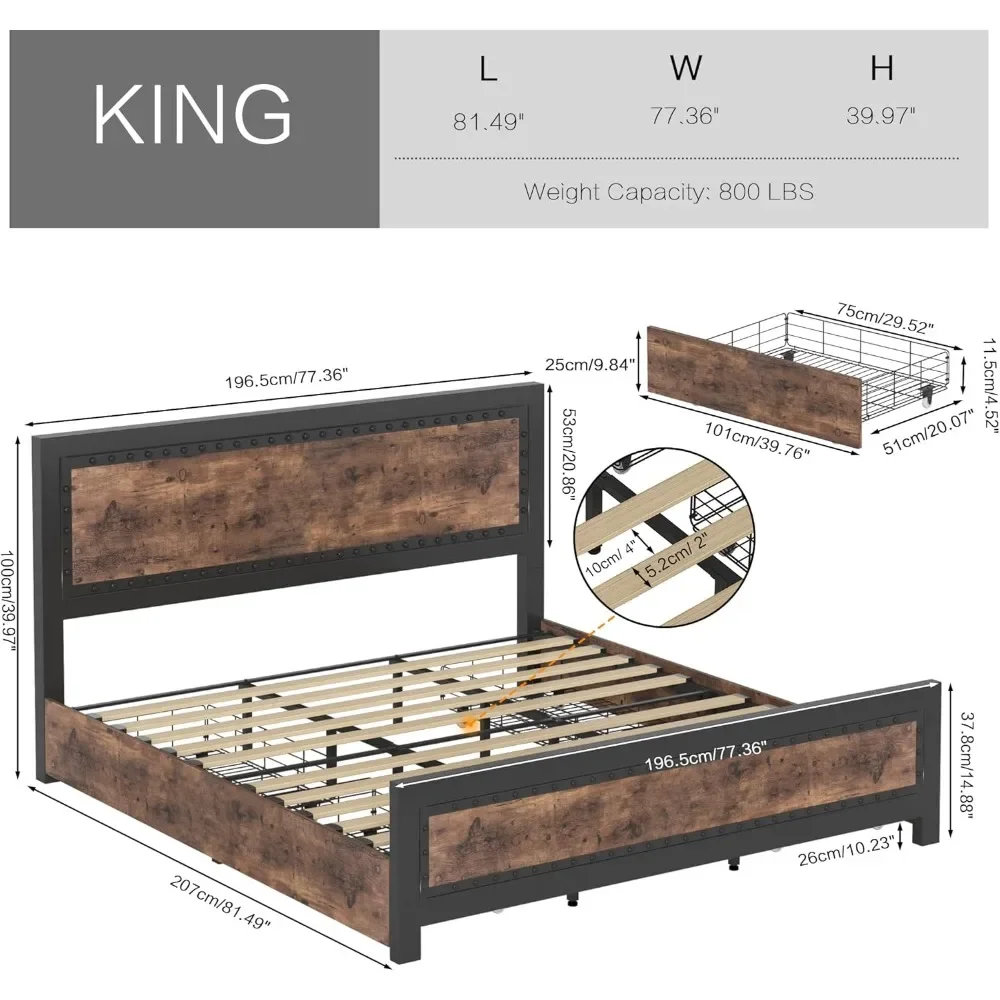 King Size Bed Frame with 4 Storage Drawers, Rivet Modern Headboard and Footboard Platform, No Box Spring Needed