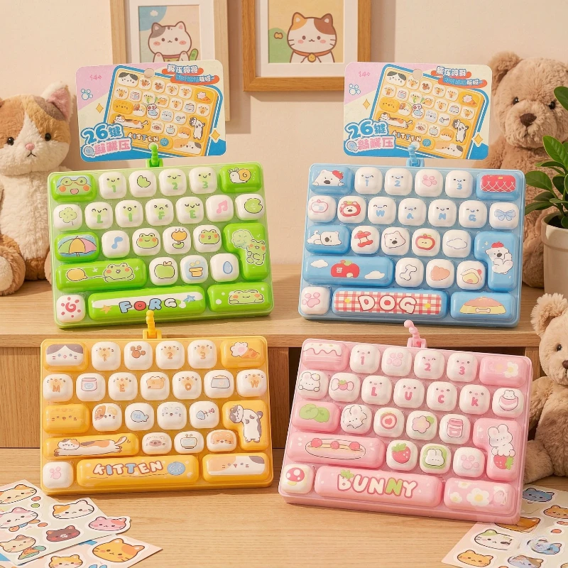 26구 26 Grid Keycap Clicker Fidget Toy, Mini Keyboard Stress Relief Decompression Toy Portable Cartoon Keychain Gift