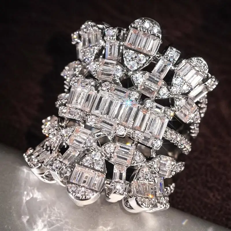 Huitan Symmetrisches Design Damen Silberfarbener Ring Hochzeit Party Eingelegte Glänzende Geometrische Zirkonia Mode-Accessoires Statement-Schmuck – Detail 7