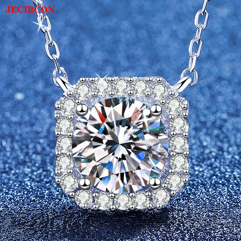 

JECIRCON S925 Sterling Silver Necklace for Women, 2 Carat Moissanite Square Sugar Pendant, Luxury Minimalist Jewelry with GRA
