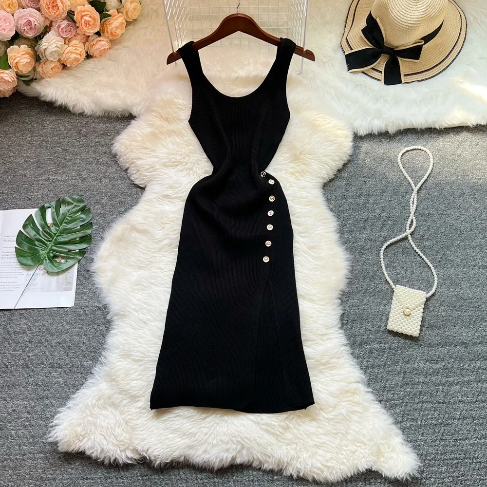 Elegante moda sexy pacchetto fianchi bottoni spaccati abito estivo donna sottile elastico aderente abito dal carro armato streetwear abiti da donna