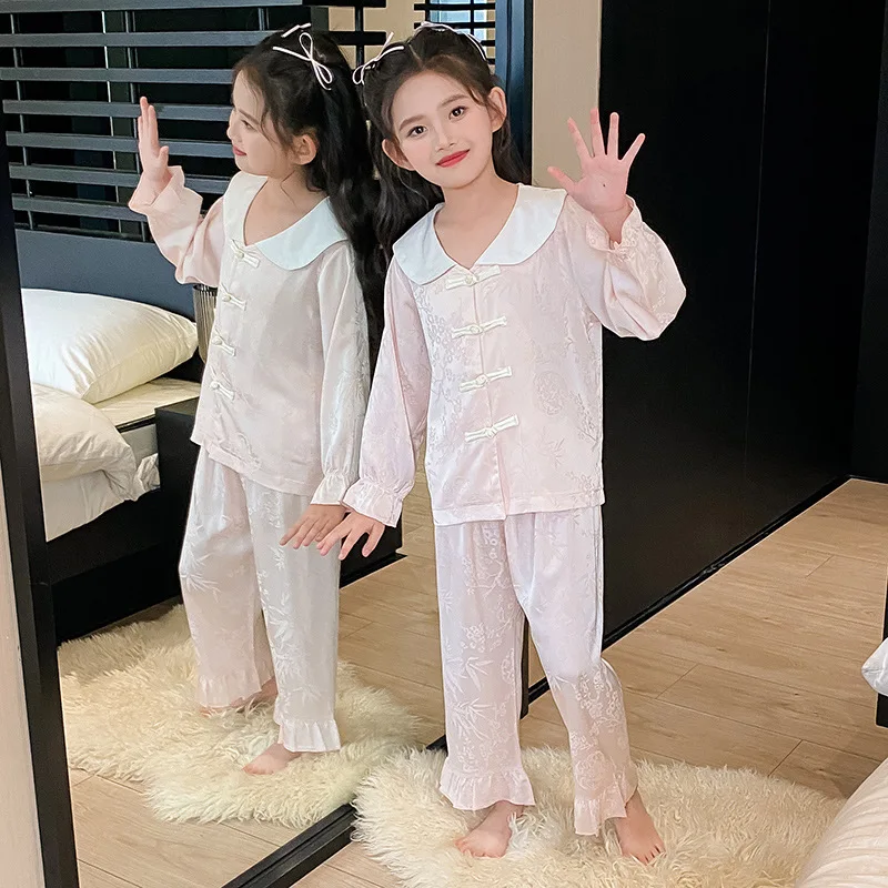 Children's Sleepwear, Spring Summer Thin Design, Ice And Snow Set, Small Girls' Medium To Large Children's Silk Long Sleeved