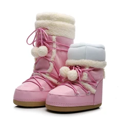 Pink Winter Warm Boots Women Platform Snow Boots Lace-up Waterproof Non-slip Cotton Boots Female Casual Ski Boots Size 35-40