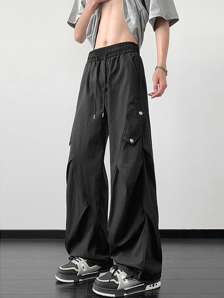 

Мужские рабочие брюки из ледяного шелка с отворотами, быстросохнущие, летние, тонкие, свободные, широкие, в американском стиле, повседневные брюки-чинос