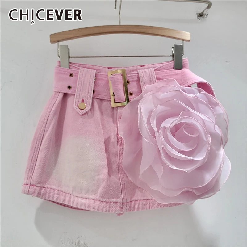 CHICEVER Casual Patchwork Appliques Denim Shorts For Women High Waist Spliced Belt Minimalist Slimming Short Pants Female 2024