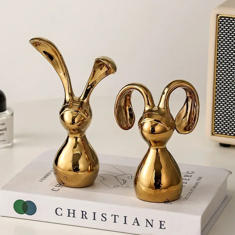 Luxury Long Ears Couple Rabbit Ceramic Sculpture Home Decoration Creative Living Room Bookshelf Kawaii Silver Rabbit Room Decor