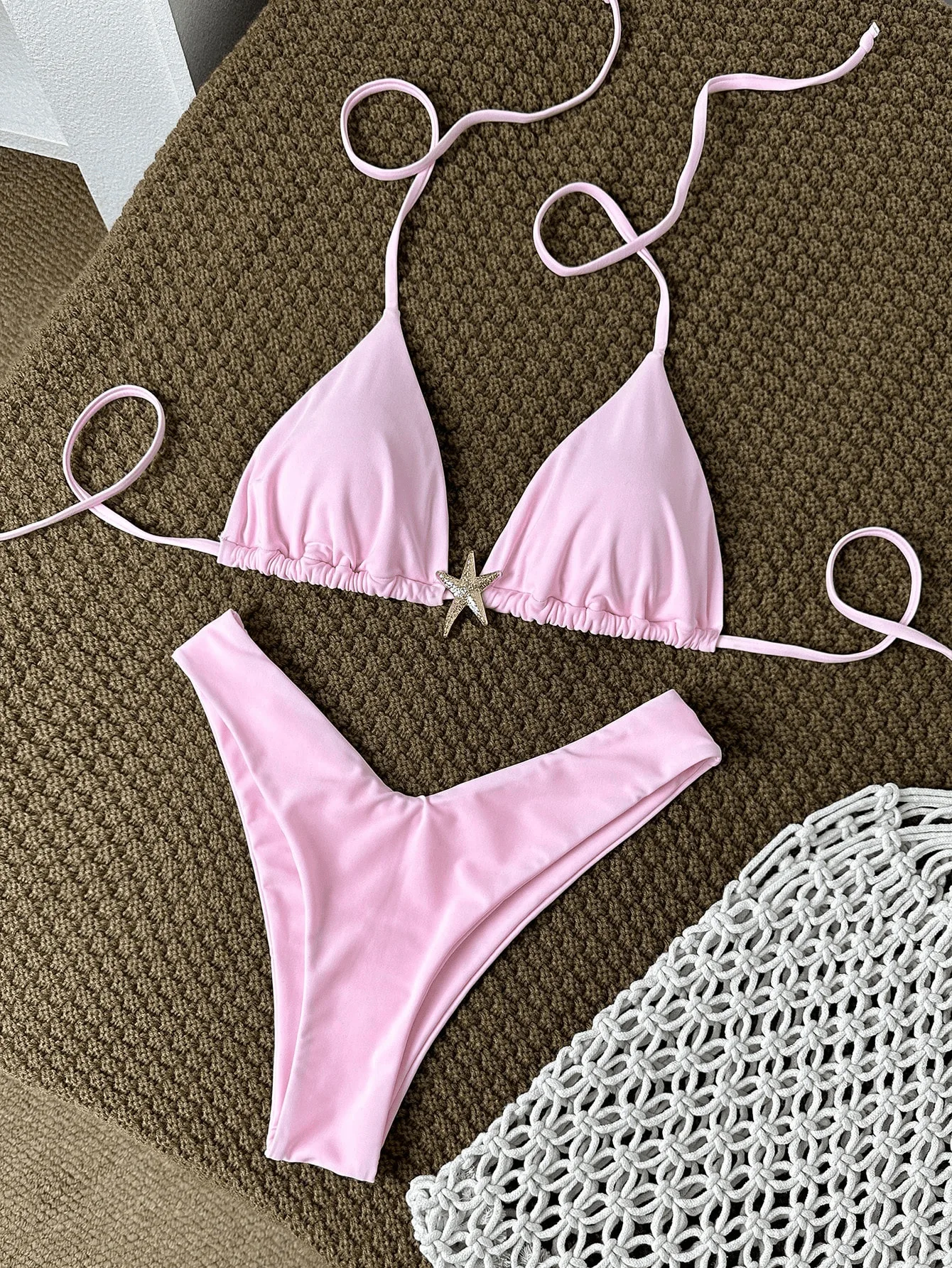 

sexy pink plain metal starfish bikinis sets two pieces halter tie swimsuits Swimwear beachwear conjunto de bikini biquini