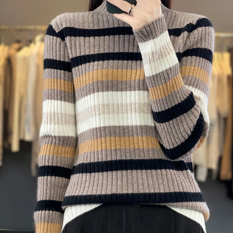 

Autumn Winter 100% Merino Wool Color-blocked Stripe Half-turtleneck Sweater Long Sleeves Pullover Cashmere Knitted Clothing Top