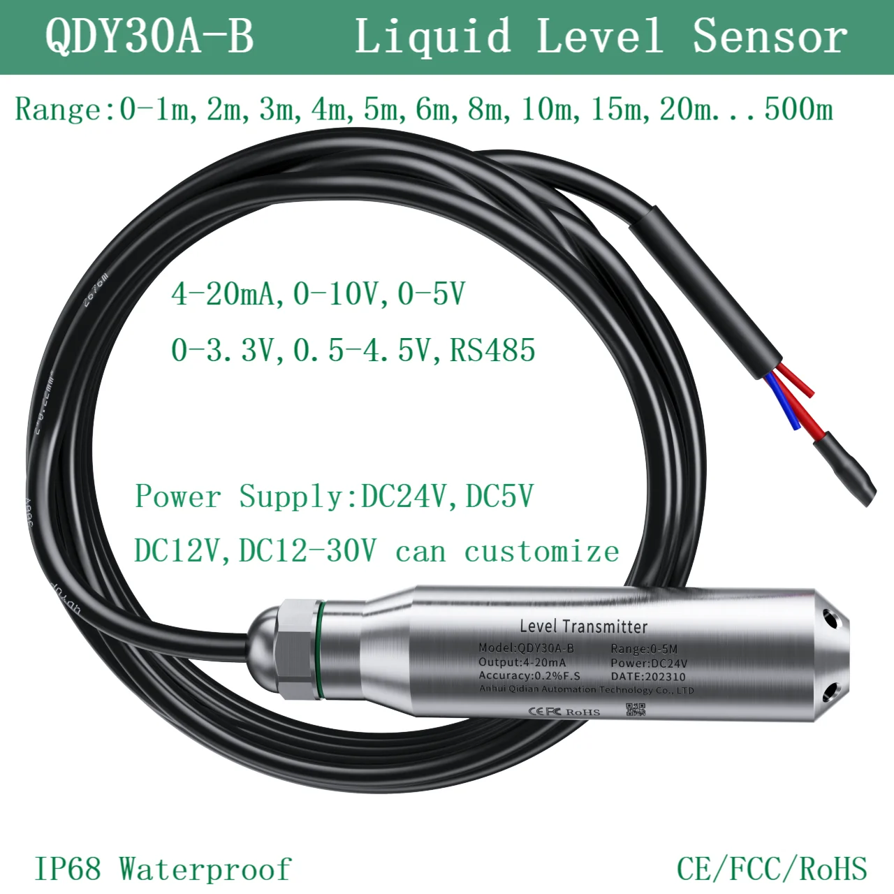 

5M to 4-20mA Liquid Level Transmitter DC5V DC24V Hydrostatic Level Sensor Transducer 0-10V 0-5V 0-3.3V Water Level Sensor