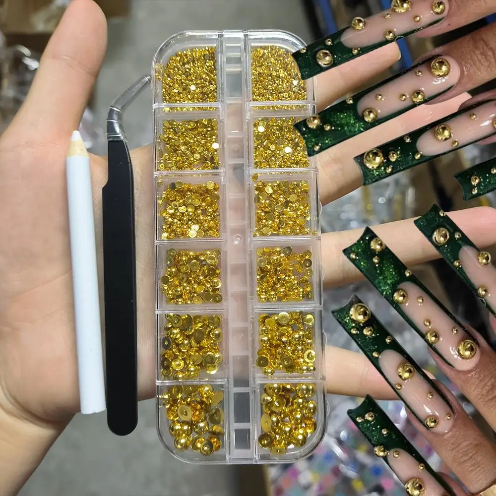 12 شبكة ثلاثية الأبعاد اللؤلؤ الفضي مسمار السحر مختلط الأحجام فلاتباك الكافيار الخرز مسمار الفن الديكور لتقوم بها بنفسك هالوين وعيد الميلاد مانيكير جزء #2