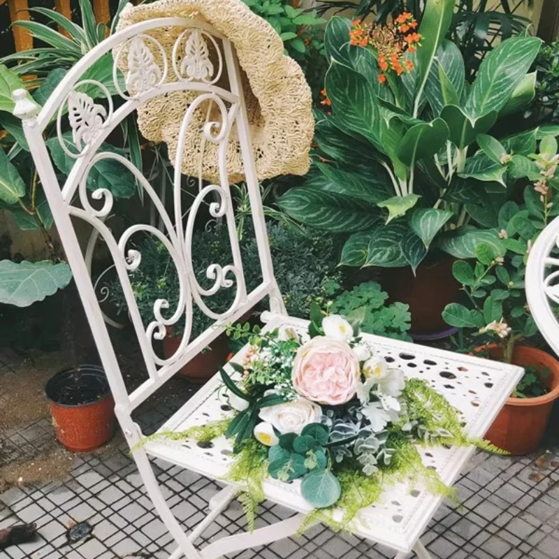 Folding Outdoor Garden Chairs Balcony Iron Table and Chair Nordic Patio Furniture Hollowed Out Pattern Lounge Table and Chairs image 5