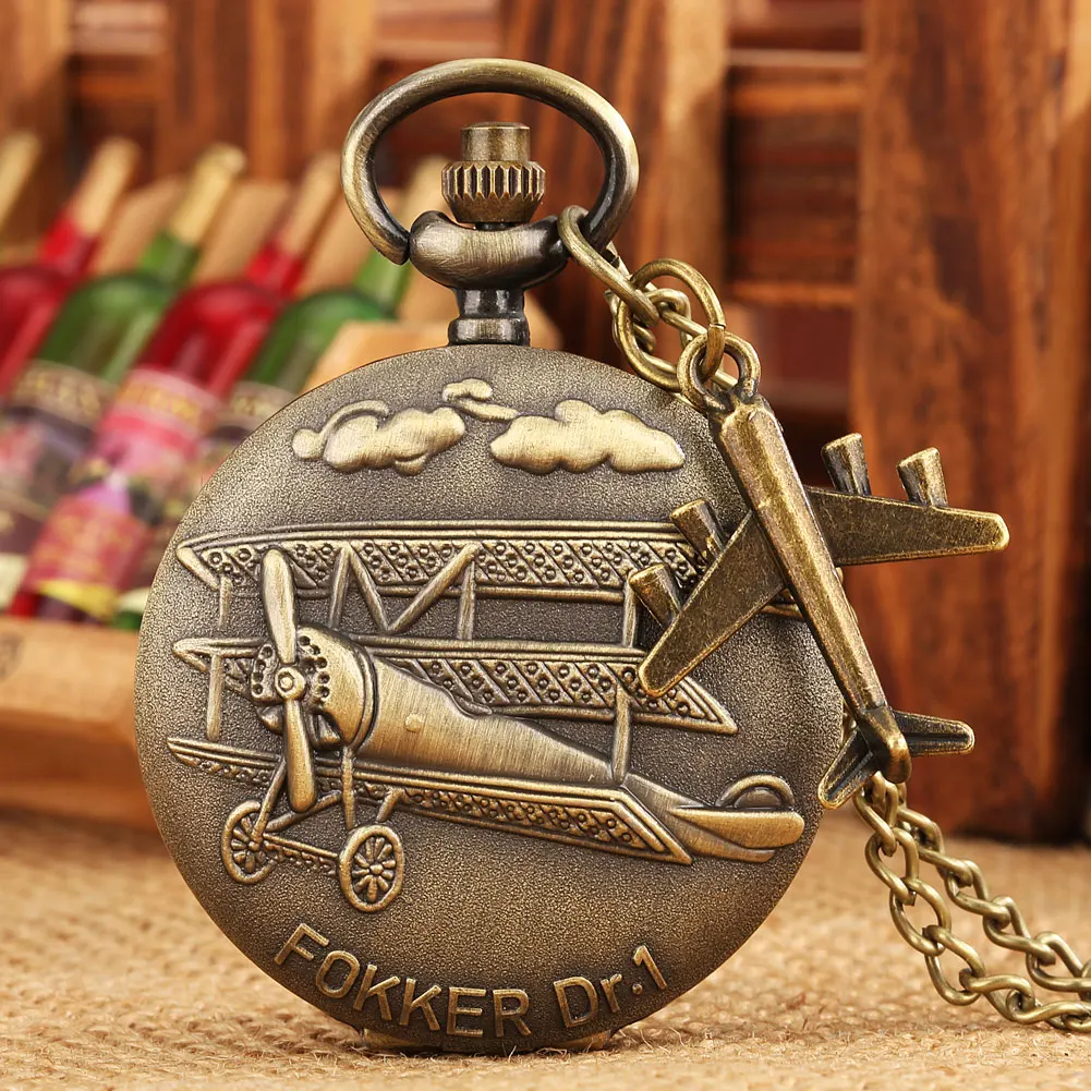 

2023 New Classicial Bronze Men's Quartz Pocket Watch Aircraft Slim Chain Tag Nostalgic Pendant Clock Unique Commemorative Gift