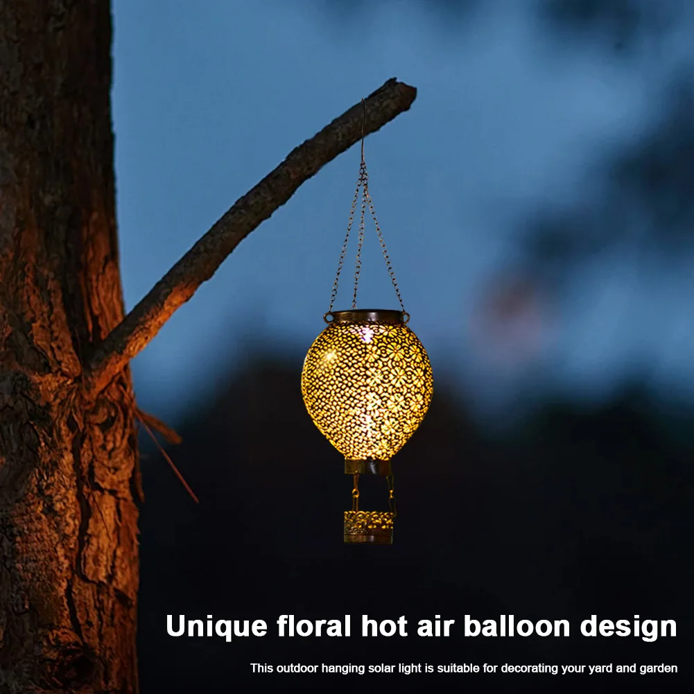Solar Metal Glowing Hollow Lantern 600mAh Hanging Hot Air Balloon Lamp Auto On&Off Retro Hot Air Balloon Light for Holiday Party