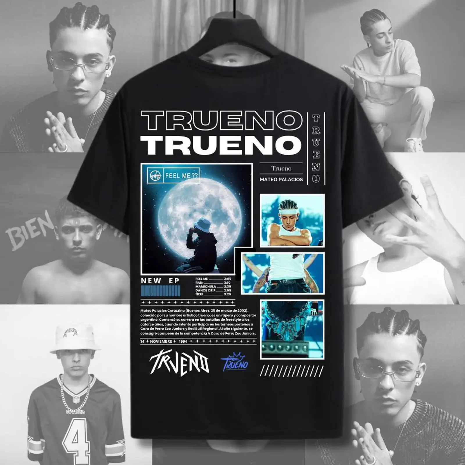 Trueno Rapper Retro T Shirt Hip Hop Trap Freestyler Fans Casual Streetwear  vintage Washed streetwear Top For Everyday Wear