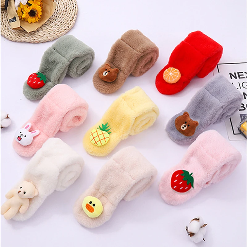 Winter Warm Thicken Scarfs for Children Cute Cartoon Faux Rabbit Fur Cross Collar Scarves Baby Boy Girl Soft Plush Scarf Gift