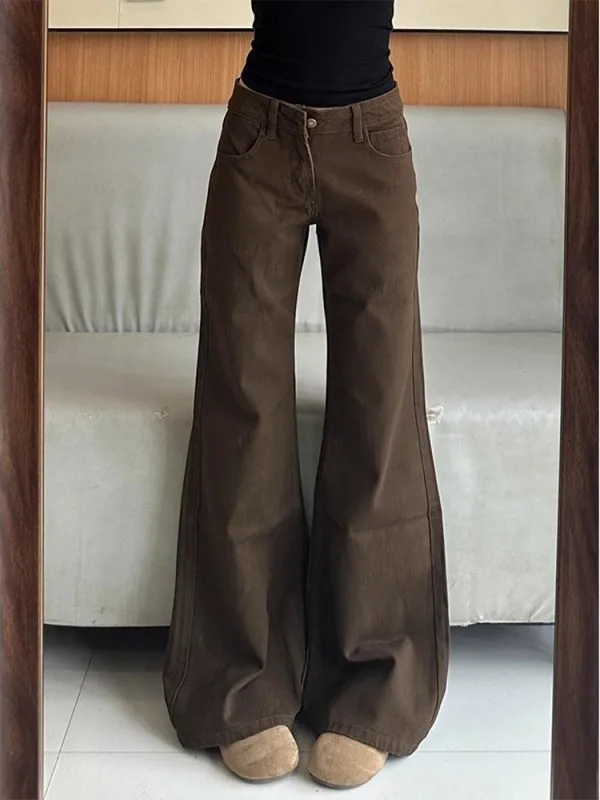 

Джинсы-колокольчики с низкой талией, женские зимние новые американские джинсы коричневого кофейного цвета, узкие прямые джинсы свободного покроя