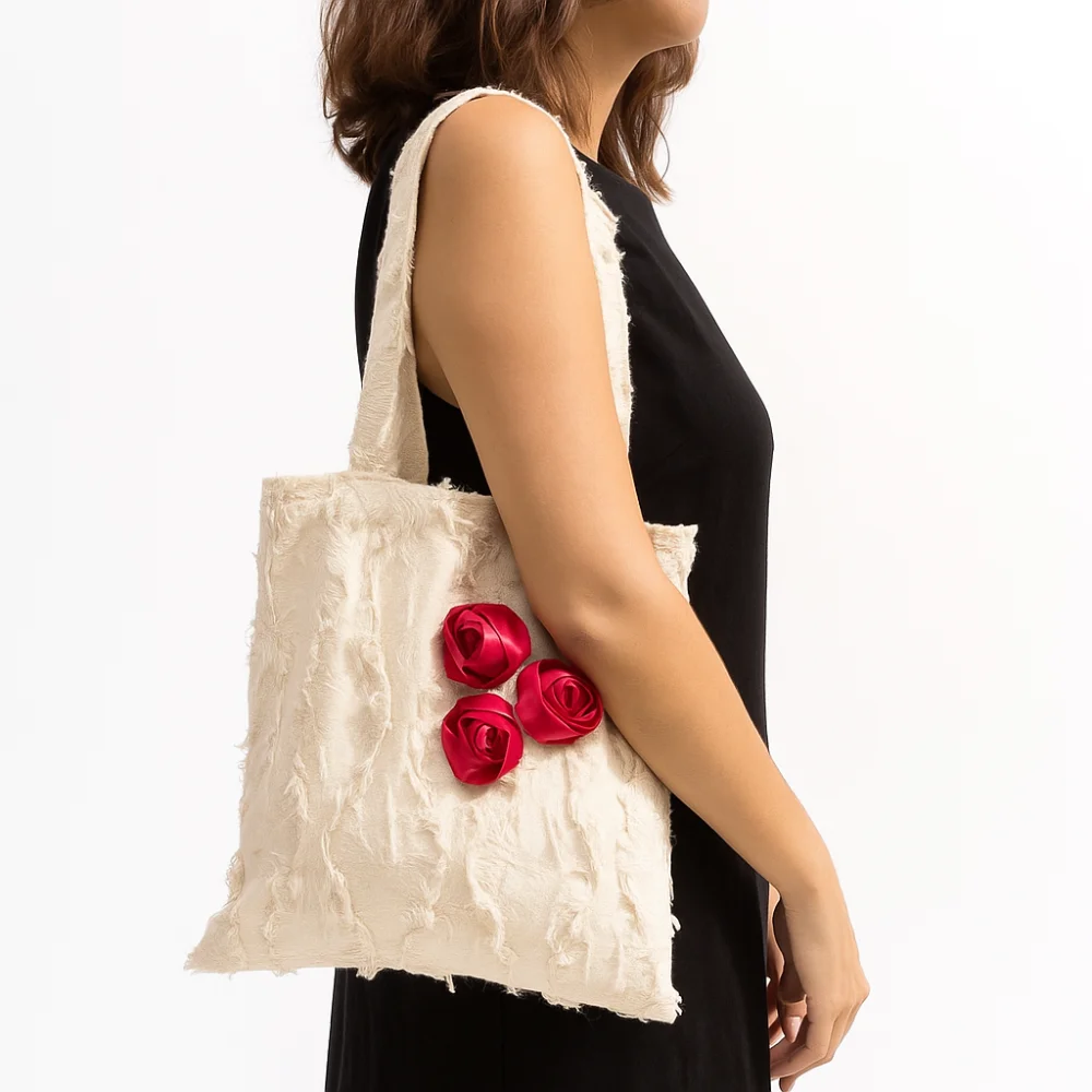 

Large Capacity Linen Jacquard Tote Bag Lightweight Cotton Bag Decorated with Roses Korean Style Polyester Flax Raw Edge Bag