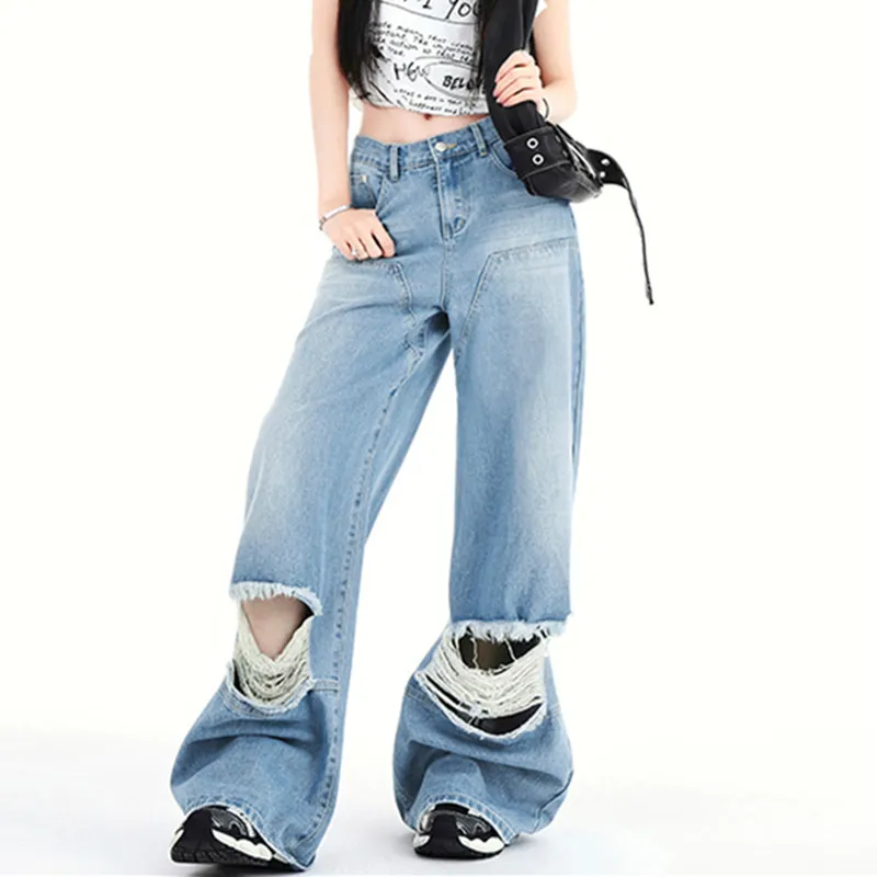 

Women‘s American Style Blue Ripped Jeans Y2K Street Casual Loose Vintage Hole Denim Baggy Pants High Waisted Trousers