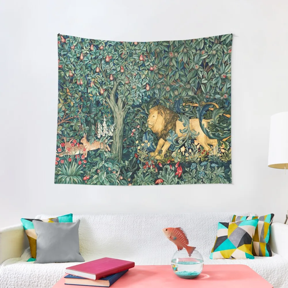 

GREENERY, FOREST ANIMALS Lion and Hares Blue Green Floral Tapestry Bedrooms Decorations Room Decor Korean Style Custom Tapestry