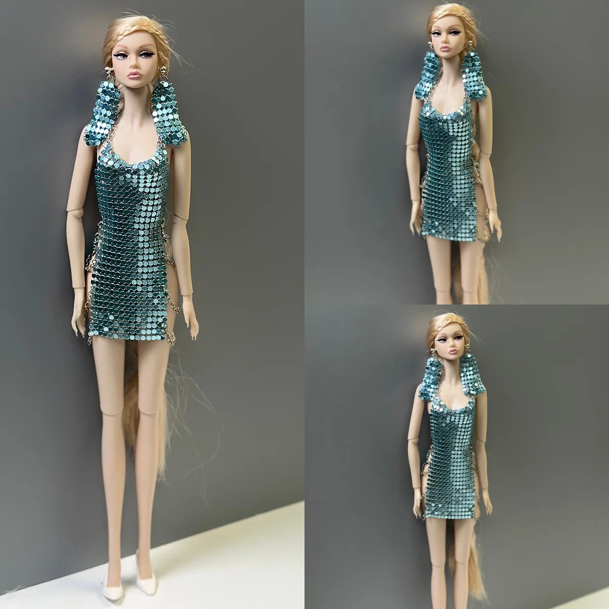 1/6 Doll Clothes Parts Fashion Luxury, Metal Sequin BlingBling Sexy Dress + Sparkling Earrings Set For 30cm Babi Supermodel Doll