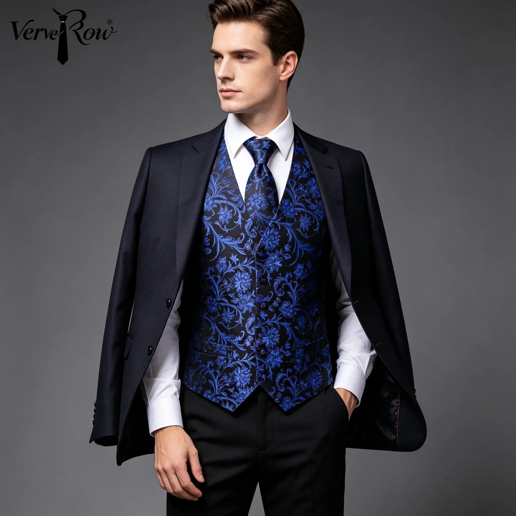VerveRow V‑Neck Floral Pattern Men Suit Vest Set,Waistcoat Multiple Colors Matching Necktie Bow Handkerchief Cufflinks