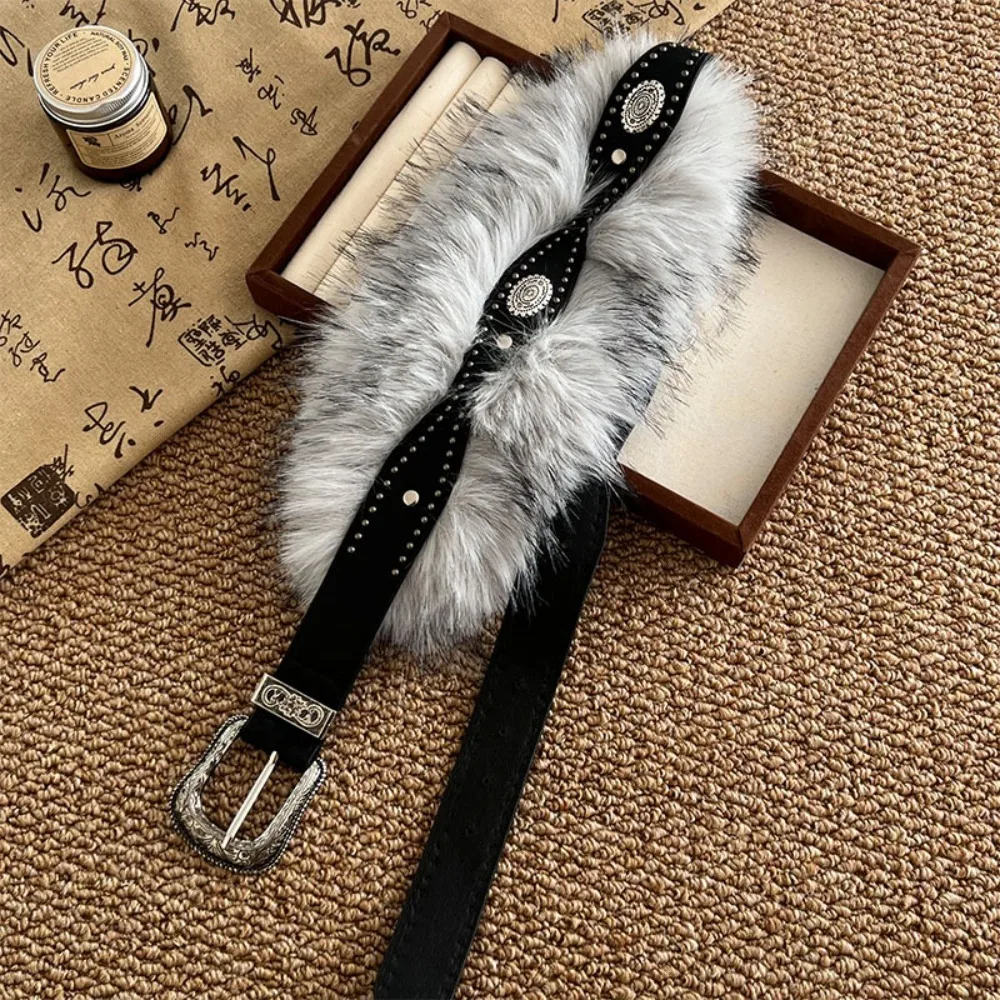 

Fashion Spicy Girl Style Leather Fur Belt Punk Retro Furry Waistband Versatile Jeans Decor Y2K Plush Waist Belt Dress Decoration