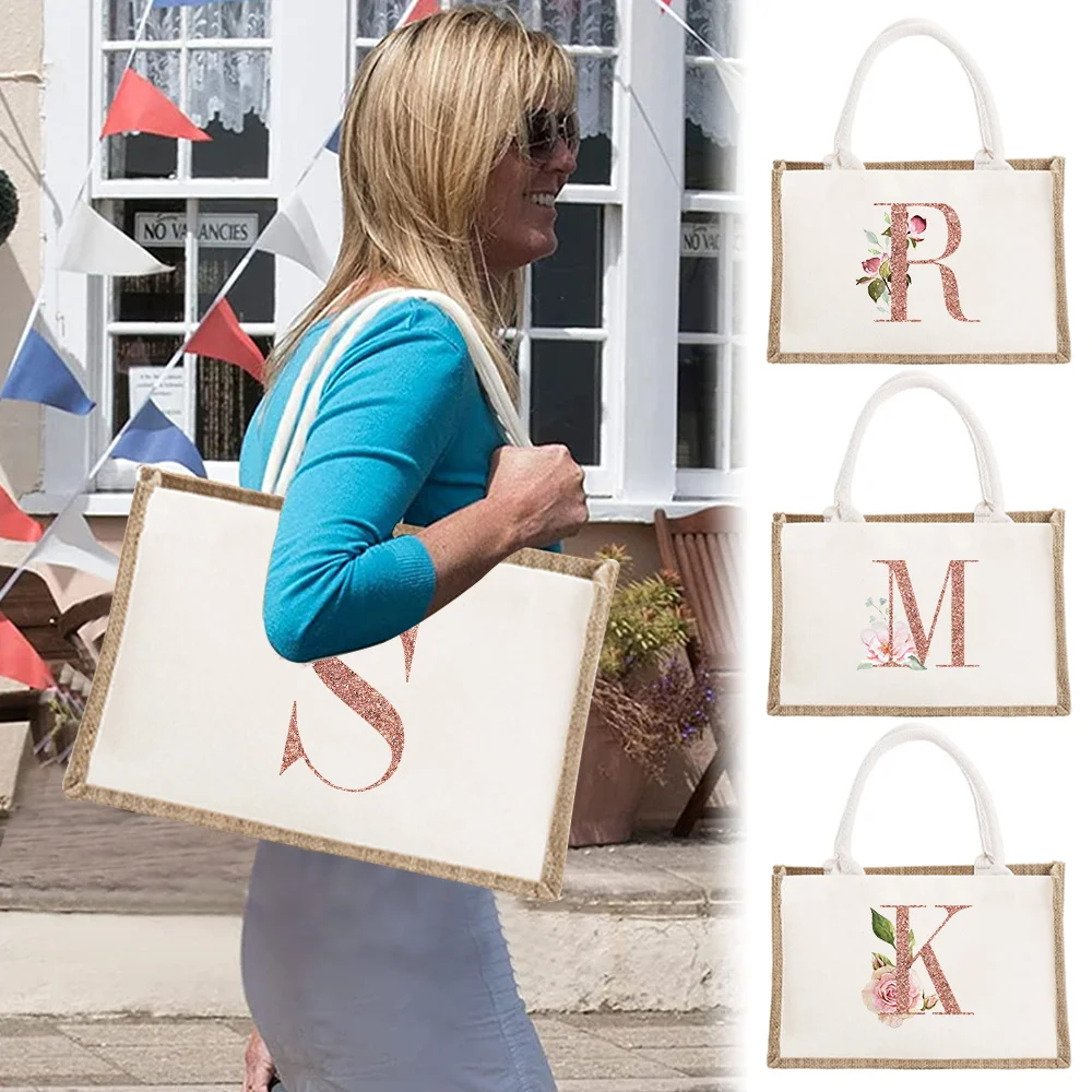 Portable Shopping Bags Large Capacity Tote Bag Grocery Beach Rose Gold Letter Printing Outdoor Casual Commute Storage Handbag