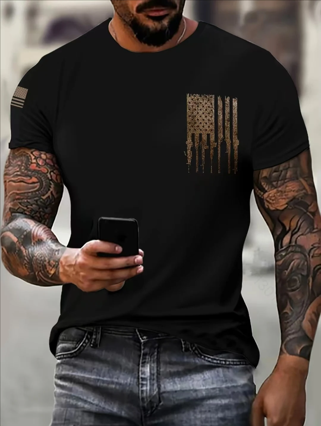 

Summer new fashionable T-shirt 3D American flag print men's casual street trend slim fit round neck short sleeved T-shirt top