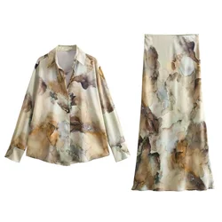 Zach Ailsa 2024 Spring New Product Women's Tie Dyed Silk Satin Loose Single breasted Shirt High Waist Slim Skirt Set