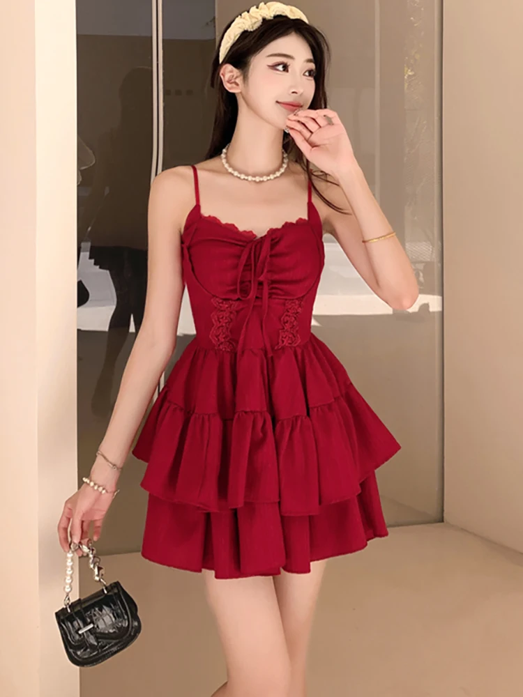 

Women Red Ruffled Chic Lace Bow Sling Short Dress 2026 Korean Vintage Luxury Evening Dress Summer Elegant Bodycon Birthday Dress