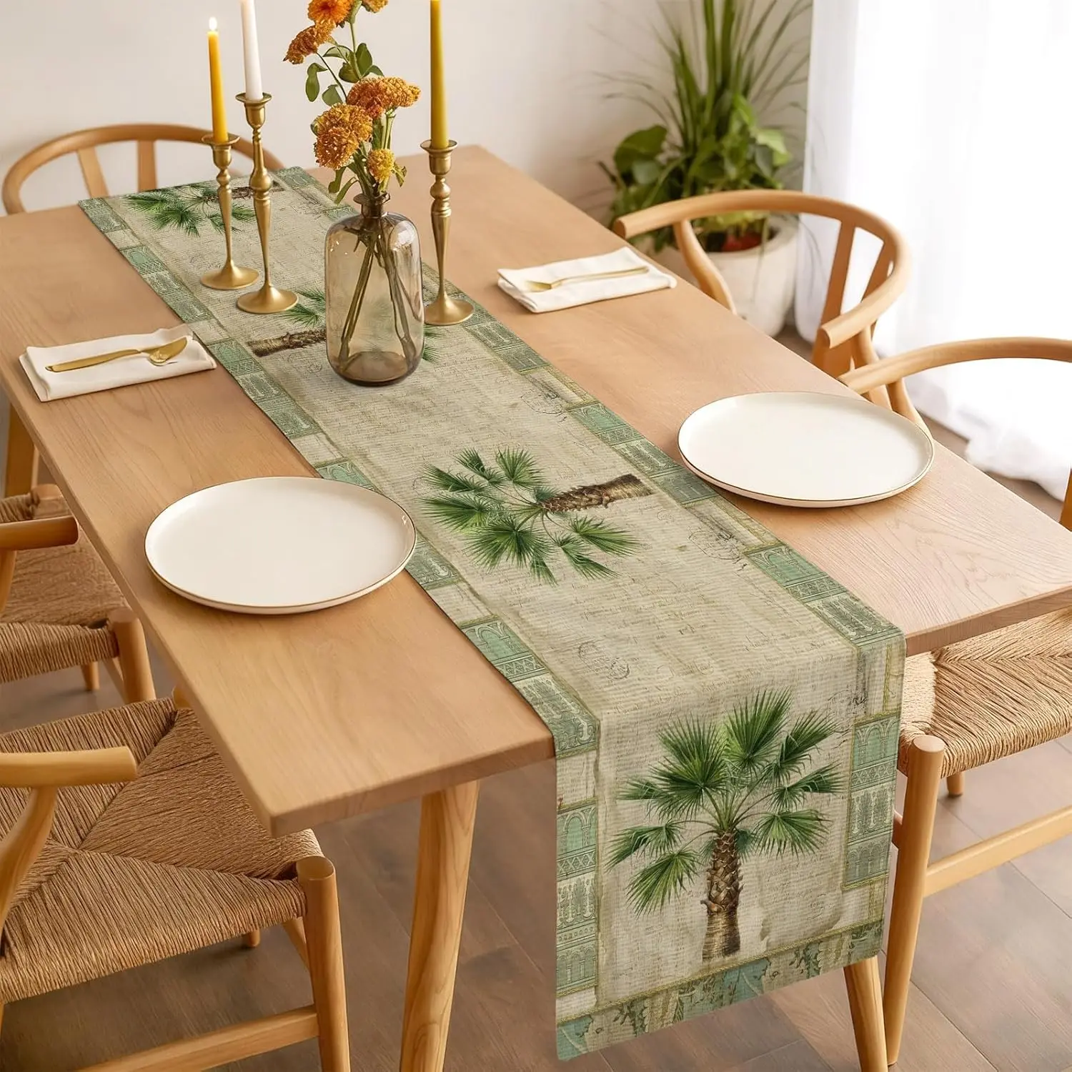 Summer Tropical Palm Trees Linen Table Runner Party Decor Reusable Farmhouse Kitchen Dining Table Runner Wedding Decorations