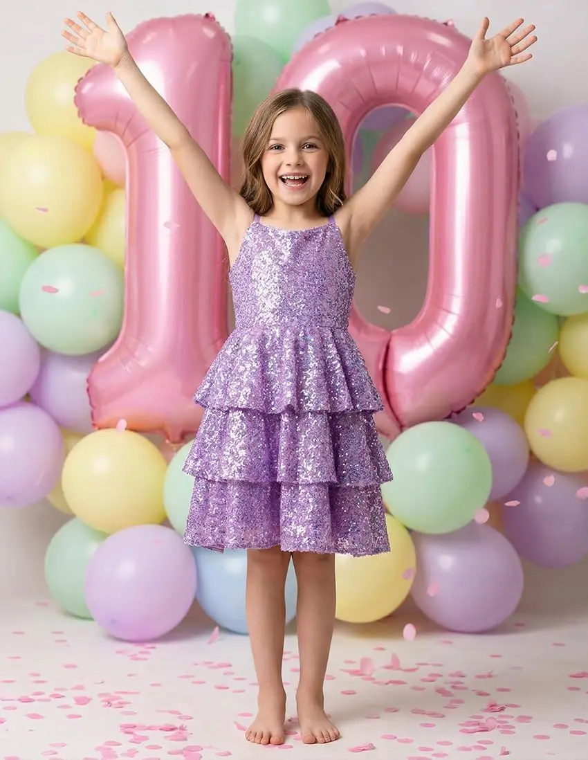 Girls Sequin Formal Dresses Kids Party Special Occasion Fancy Dress Tie Back 3 Layer Prom Graduation Outfits Princess Dress