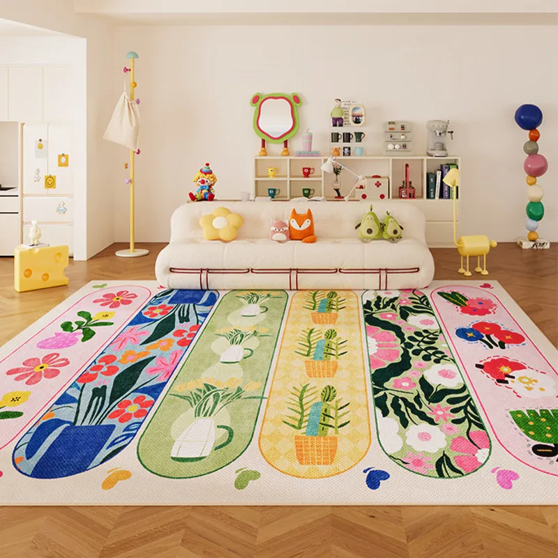 VIKAMA Colorful Potted Plant Vertical Stripe Kids Rug Soft Flannel Non Slip Washable Play Mat for Playroom Nursery Bedroom