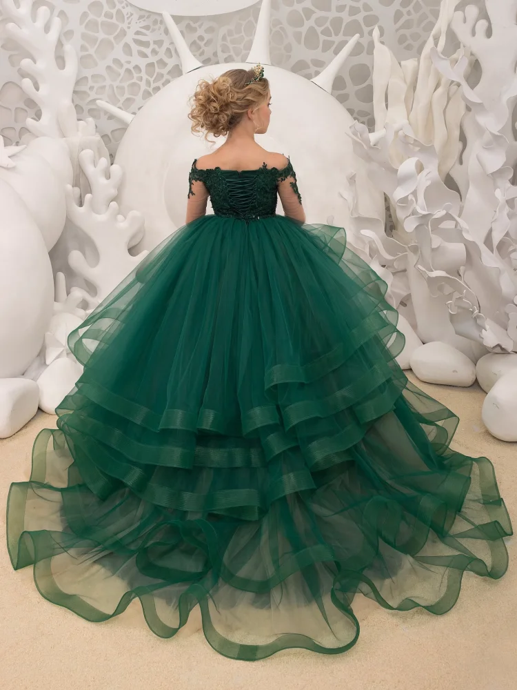 Blackish Green Flower Girl Dresses Tulle Puffy Appliques Tiered With Tailing Long Sleeve For Birthday Party Banquet Customized