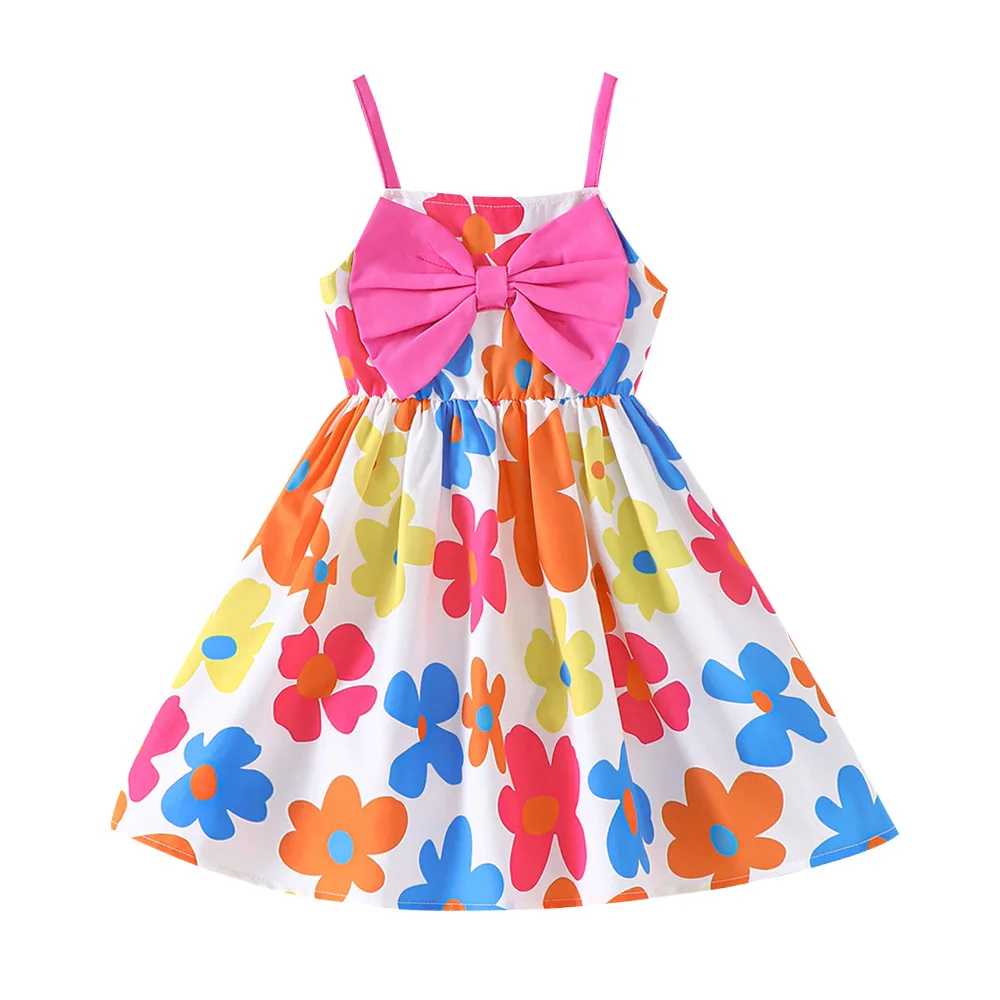 Kids Casual Dress for Girls Clothes Summer New Toddler Cute Floral Print Pink Bowknot Cami Dress Fashion Children Holiday 2-8Y