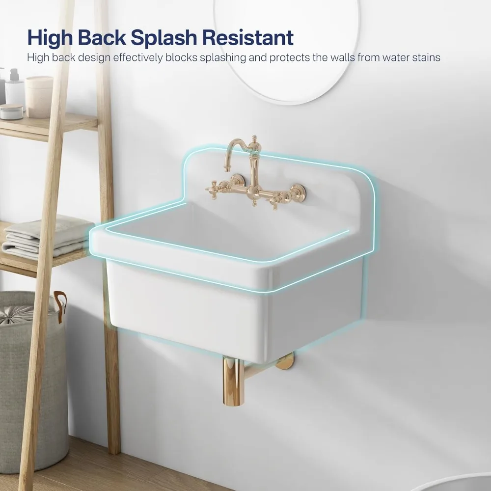 24 Inch Utility Sink, Farmhouse Kitchen Sink Wall Mounted Laundry Sink Floating Porcelain Ceramic Trough High Back for Garage,