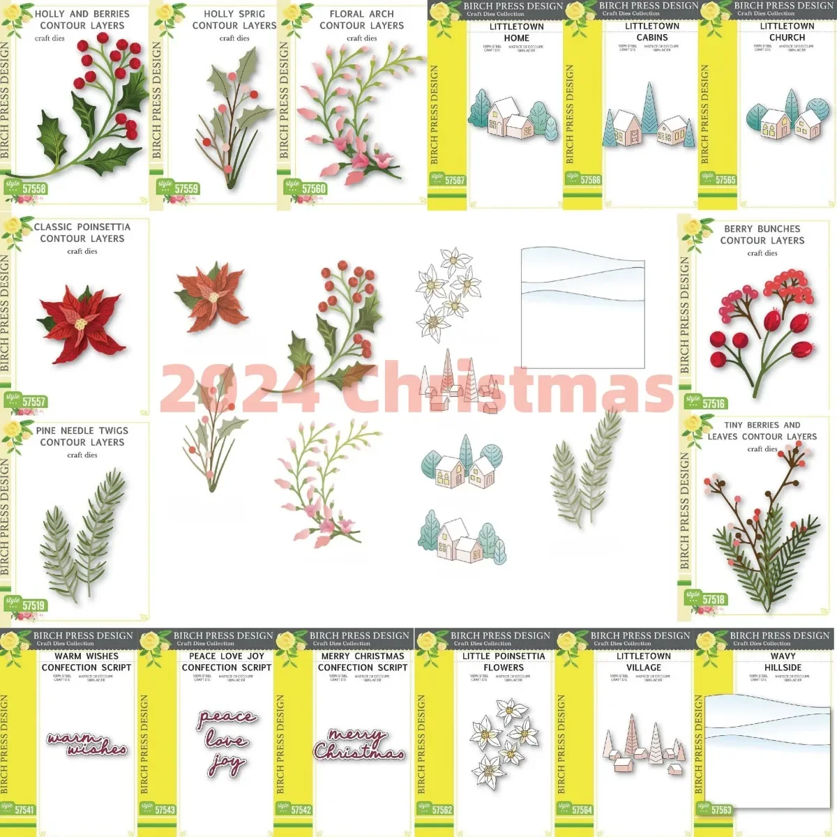 Poinsettia Berries Sprig Confection Script Metal Cutting Dies DIY Decorating Scrapbook Paper Card Album Craft 2024 Christmas