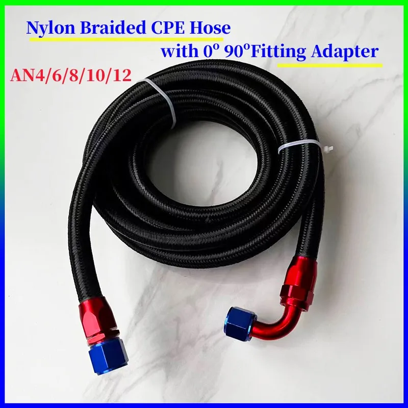 AN4/6/8/10/12Universal Fuel Line Hose Fitting Kit Nylon Braided CPE Fuel Hose 1m with Straight and 90 Degree Swivel Pipe Fitting