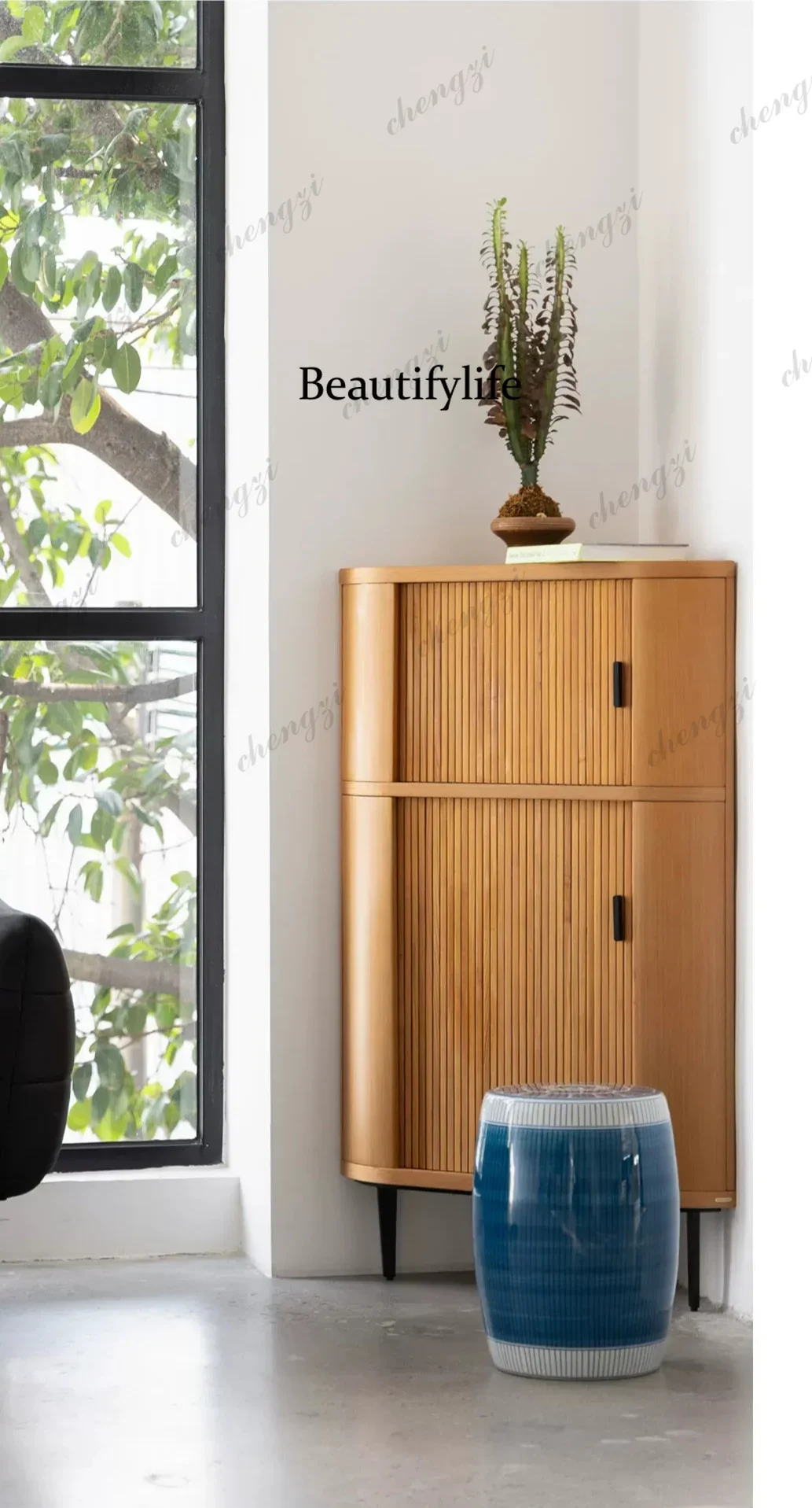 A74  Medieval roller shutter corner cabinet, double-layer large-capacity storage, solid wood bookcase living room