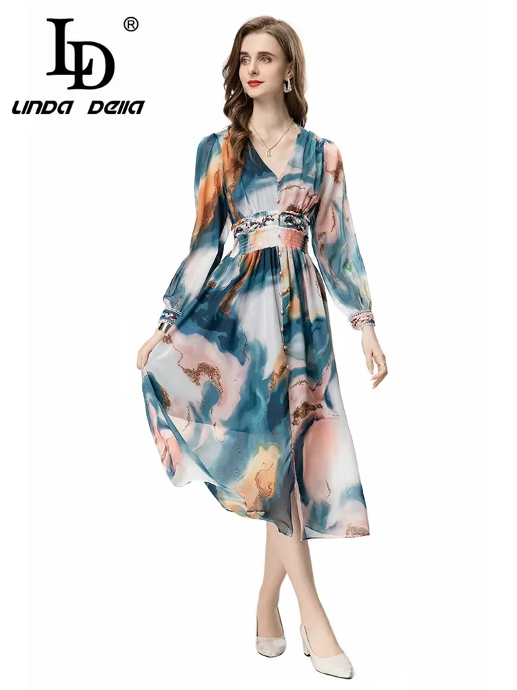 

LD LINDA DELLA 2024 New Style Runway Designer Elegant Dress Women's Chiffon Print Elastic Waist Button Beading Sequins Dresses