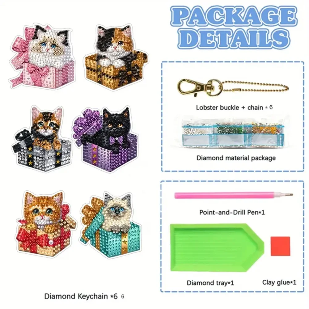 سلسلة مفاتيح ماسية مكونة من 6 قطع - سلسلة نمط القط، ديكور مصنوع يدويًا، مجموعة ألوان ماسية، سلسلة مصنوعة يدويًا #2